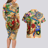 Guadeloupe Couples Matching Long Sleeve Bodycon Dress and Hawaiian Shirt Geographic Coordinate Anchor - Turlte Tropical