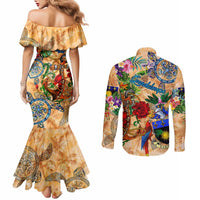 Guadeloupe Couples Matching Mermaid Dress and Long Sleeve Button Shirt Geographic Coordinate Anchor - Turlte Tropical