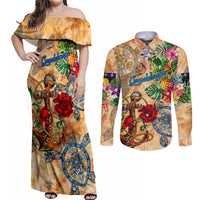 Guadeloupe Couples Matching Off Shoulder Maxi Dress and Long Sleeve Button Shirt Geographic Coordinate Anchor - Turlte Tropical