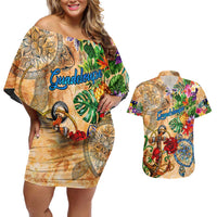 Guadeloupe Couples Matching Off Shoulder Short Dress and Hawaiian Shirt Geographic Coordinate Anchor - Turlte Tropical