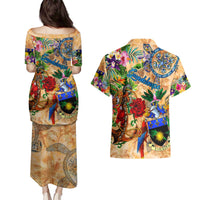 Guadeloupe Couples Matching Puletasi and Hawaiian Shirt Geographic Coordinate Anchor - Turlte Tropical