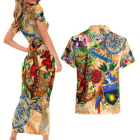 Guadeloupe Couples Matching Short Sleeve Bodycon Dress and Hawaiian Shirt Geographic Coordinate Anchor - Turlte Tropical