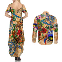 Guadeloupe Couples Matching Summer Maxi Dress and Long Sleeve Button Shirt Geographic Coordinate Anchor - Turlte Tropical