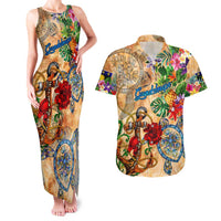 Guadeloupe Couples Matching Tank Maxi Dress and Hawaiian Shirt Geographic Coordinate Anchor - Turlte Tropical