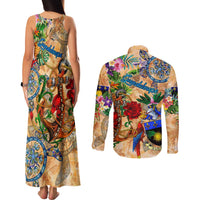 Guadeloupe Couples Matching Tank Maxi Dress and Long Sleeve Button Shirt Geographic Coordinate Anchor - Turlte Tropical