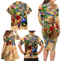 Guadeloupe Family Matching Long Sleeve Bodycon Dress and Hawaiian Shirt Geographic Coordinate Anchor - Turlte Tropical