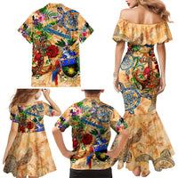 Guadeloupe Family Matching Mermaid Dress and Hawaiian Shirt Geographic Coordinate Anchor - Turlte Tropical