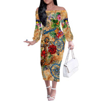 Guadeloupe Family Matching Off The Shoulder Long Sleeve Dress and Hawaiian Shirt Geographic Coordinate Anchor - Turlte Tropical