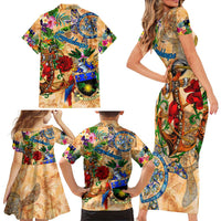 Guadeloupe Family Matching Short Sleeve Bodycon Dress and Hawaiian Shirt Geographic Coordinate Anchor - Turlte Tropical