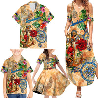 Guadeloupe Family Matching Summer Maxi Dress and Hawaiian Shirt Geographic Coordinate Anchor - Turlte Tropical