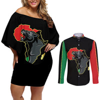 Powerful Panther Africa Couples Matching Off Shoulder Short Dress and Long Sleeve Button Shirts Map Africa - Wonder Print Shop