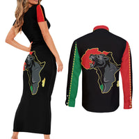 Powerful Panther Africa Couples Matching Short Sleeve Bodycon Dress and Long Sleeve Button Shirts Map Africa - Wonder Print Shop