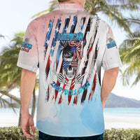 Men's white Hawaiian shirt back with American skull graphic, flag stripes, and text