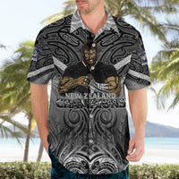 Adult Hawaiian-style short-sleeve button-up shirt in black and gray with crest “Champions”.