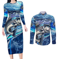 Striped Bass Fishing Couples Matching Long Sleeve Bodycon Dress and Long Sleeve Button Shirt Ocean Waves