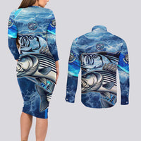 Striped Bass Fishing Couples Matching Long Sleeve Bodycon Dress and Long Sleeve Button Shirt Ocean Waves
