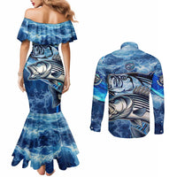 Striped Bass Fishing Couples Matching Mermaid Dress and Long Sleeve Button Shirt Ocean Waves