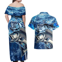 Striped Bass Fishing Couples Matching Off Shoulder Maxi Dress and Hawaiian Shirt Ocean Waves