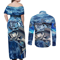 Striped Bass Fishing Couples Matching Off Shoulder Maxi Dress and Long Sleeve Button Shirt Ocean Waves