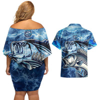 Striped Bass Fishing Couples Matching Off Shoulder Short Dress and Hawaiian Shirt Ocean Waves
