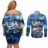 Striped Bass Fishing Couples Matching Off Shoulder Short Dress and Long Sleeve Button Shirt Ocean Waves
