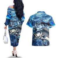 Striped Bass Fishing Couples Matching Off The Shoulder Long Sleeve Dress and Hawaiian Shirt Ocean Waves