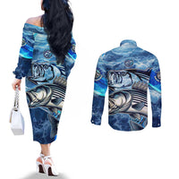 Striped Bass Fishing Couples Matching Off The Shoulder Long Sleeve Dress and Long Sleeve Button Shirt Ocean Waves