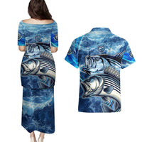 Striped Bass Fishing Couples Matching Puletasi and Hawaiian Shirt Ocean Waves