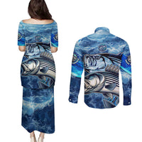 Striped Bass Fishing Couples Matching Puletasi and Long Sleeve Button Shirt Ocean Waves