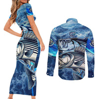Striped Bass Fishing Couples Matching Short Sleeve Bodycon Dress and Long Sleeve Button Shirt Ocean Waves