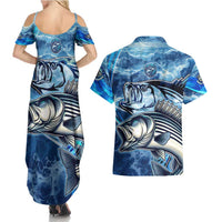 Striped Bass Fishing Couples Matching Summer Maxi Dress and Hawaiian Shirt Ocean Waves