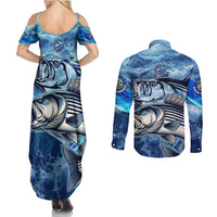 Striped Bass Fishing Couples Matching Summer Maxi Dress and Long Sleeve Button Shirt Ocean Waves