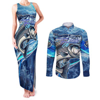 Striped Bass Fishing Couples Matching Tank Maxi Dress and Long Sleeve Button Shirt Ocean Waves