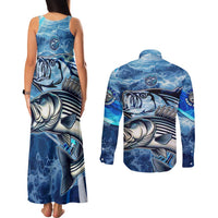 Striped Bass Fishing Couples Matching Tank Maxi Dress and Long Sleeve Button Shirt Ocean Waves