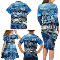 Striped Bass Fishing Family Matching Long Sleeve Bodycon Dress and Hawaiian Shirt Ocean Waves