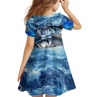 Striped Bass Fishing Family Matching Off The Shoulder Long Sleeve Dress and Hawaiian Shirt Ocean Waves