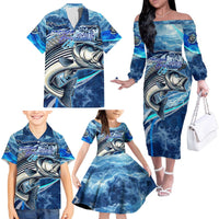 Striped Bass Fishing Family Matching Off The Shoulder Long Sleeve Dress and Hawaiian Shirt Ocean Waves
