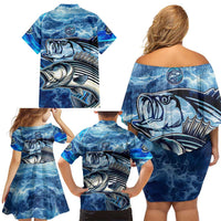 Striped Bass Fishing Family Matching Off Shoulder Short Dress and Hawaiian Shirt Ocean Waves
