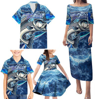 Striped Bass Fishing Family Matching Puletasi and Hawaiian Shirt Ocean Waves