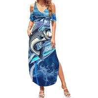 Striped Bass Fishing Family Matching Summer Maxi Dress and Hawaiian Shirt Ocean Waves