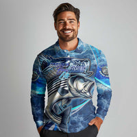 Striped Bass Fishing Long Sleeve Polo Shirt Ocean Waves