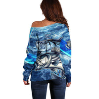 Striped Bass Fishing Off Shoulder Sweater Ocean Waves