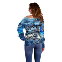 Striped Bass Fishing Off Shoulder Sweater Ocean Waves