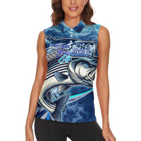 Striped Bass Fishing Women Sleeveless Polo Shirt Ocean Waves