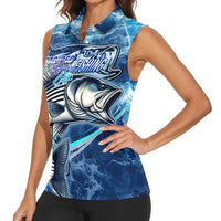 Striped Bass Fishing Women Sleeveless Polo Shirt Ocean Waves