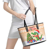Crocodile Snappy Christmas Leather Tote Bag Cute Alligator Holiday Tree Cartoon Design - Wonder Print Shop