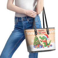 Crocodile Snappy Christmas Leather Tote Bag Cute Alligator Holiday Tree Cartoon Design - Wonder Print Shop
