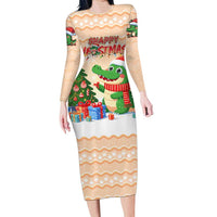 Crocodile Snappy Christmas Long Sleeve Bodycon Dress Cute Alligator Holiday Tree Cartoon Design - Wonder Print Shop