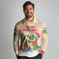 Crocodile Snappy Christmas Long Sleeve Polo Shirt Cute Alligator Holiday Tree Cartoon Design - Wonder Print Shop
