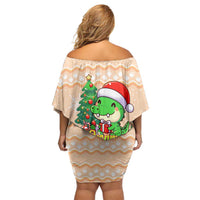 Crocodile Snappy Christmas Off Shoulder Short Dress Cute Alligator Holiday Tree Cartoon Design - Wonder Print Shop